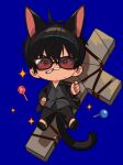  1boy animal_ears black_footwear black_hair black_jacket black_pants blue_background candy cat_boy cat_ears chibi collared_shirt cross facial_hair food full_body grey_shirt highres jacket just_punisher lollipop looking_at_viewer male_focus nicholas_d._wolfwood pants shirt shoes short_hair simple_background solo sunglasses trigun trigun_stampede v-shaped_eyebrows 