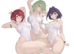  3girls armpits ass_visible_through_thighs blue_eyes blue_hair blue_nails breasts ceres_fauna chyraliss closed_mouth collarbone competition_swimsuit covered_navel fingernails green_hair groin hair_intakes heterochromia highleg highleg_swimsuit highres hololive hololive_english horns irys_(hololive) large_breasts long_hair looking_at_viewer mole mole_under_eye multiple_girls nail_polish one-piece_swimsuit ouro_kronii parted_lips pink_nails pointy_ears pulled_by_self purple_eyes red_hair see-through short_hair signature simple_background skindentation strap_pull swimsuit thigh_gap thighs virtual_youtuber wet white_background white_one-piece_swimsuit white_swimsuit yellow_eyes 