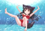  1girl amano_sakuya animal_ear_fluff animal_ears arms_up barefoot bikini black_hair blunt_bangs brown_eyes bubble closed_mouth feet fox_ears fox_girl fox_tail frilled_bikini frills holding_breath leg_up legs long_hair original outstretched_arms red_bikini soles solo spread_legs swimsuit tail thighs toes underwater water 