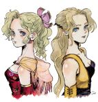  2girls artist_name bead_necklace beads black_shirt blonde_hair blue_eyes breasts celes_chere cleavage closed_mouth commentary_request cropped_torso detached_sleeves earrings final_fantasy final_fantasy_vi from_side green_hair jas_(jasjasjasart) jewelry long_hair looking_at_viewer medium_breasts multiple_girls necklace pale_skin ponytail shirt signature sleeveless smile sphere_earrings terra_branford vest white_background 