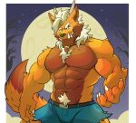  abs anthro biceps canid canine canis chest_tuft claws clothed clothing facial_hair fur hair hi_res lofnirv looking_at_viewer male mammal muscular muscular_anthro muscular_male pecs pubes smile solo tail teeth topless tuft were werecanid werecanine werewolf wolf 