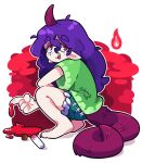  1girl absurdres barefoot blood clothes_writing green_shirt green_shorts highres horns long_hair maletoh maletoh1 open_mouth pointy_ears purple_hair red_eyes red_horns shirt short_sleeves shorts simple_background single_horn solo tail tenkajin_chiyari touhou unfinished_dream_of_all_living_ghost white_background 