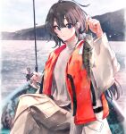  1girl absurdres ahoge black_hair blue_eyes boat cliff coat day fish fishing fishing_hook fishing_rod high_collar highres holding holding_fishing_rod lake long_hair long_skirt long_sleeves orange_vest outdoors pleated_skirt ponkan_8 sitting skirt sky solo sweater vest watercraft white_coat white_skirt white_sweater wide_sleeves yahari_ore_no_seishun_lovecome_wa_machigatteiru. yukinoshita_yukino 