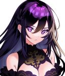  1girl absurdres armpit_crease bare_shoulders braid breasts canyoudabbro cleavage dress frown gothic highres large_breasts long_hair looking_at_viewer original purple_dress purple_eyes purple_hair serious sidelocks solo transparent_background 