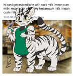  2021 adux animal_genitalia apron apron_only blurred_background blush clothing digitigrade dipstick_tail english_text felid felid_taur fur genitals hi_res holding_object i_mean_breast_milk male mammal mammal_taur markings meme pantherine pantherine_taur pawzzypawzbourne photo_background photography_(artwork) quadruped sheath signature solo standing striped_body striped_fur stripes tail tail_markings taur text tiger tiger_taur white_body white_fur 