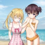  2girls bare_arms bare_shoulders beach bikini blonde_hair blue_sky blush breasts brown_hair closed_eyes closed_mouth cloud cloudy_sky commentary_request day double_bun dress feet_out_of_frame hair_between_eyes hair_bun hand_up hands_on_own_chest hands_up holding_another&#039;s_arm kihara_enshuu kihara_nayuta light_blush long_hair looking_at_viewer multiple_girls navel ocean orange_bikini outdoors pink_dress purple_eyes sand shin_(highest1192) short_hair sky small_breasts smile standing stomach swimsuit toaru_majutsu_no_index toaru_majutsu_no_index:_new_testament twintails water waves 