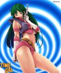  1girl arm_behind_back arm_up artist_name ass belt blue_eyes breasts copyright_name energy_gun from_side gloves green_hair hand_on_own_chest hand_to_own_face highres long_hair looking_at_viewer midriff navel open_mouth purple_shirt red_shirt red_shorts reika_(time_gal) retorabi00 shirt short_shorts shorts smile solo thighs time_gal underboob weapon white_gloves 