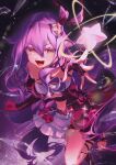  1girl absurdres bare_shoulders breasts detached_sleeves english_commentary gloves hair_between_eyes highres honkai_(series) honkai_impact_3rd hyourou_m long_hair looking_at_viewer navel open_mouth pink_gloves purple_hair sirin sirin_(miracle_magical_girl) skirt small_breasts solo star_(symbol) stirrup_legwear symbol-shaped_pupils toeless_legwear very_long_hair white_skirt yellow_eyes 
