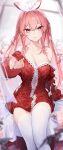  1girl absurdres bare_shoulders blurry blurry_background borrowed_character bow braid breasts chestnut_mouth cleavage collarbone hair_between_eyes hair_bow hairband highres long_hair long_sleeves looking_at_viewer medium_breasts neonbeat original parted_lips partially_unbuttoned pink_eyes pink_hair sidelocks sitting solo thighhighs white_bow white_hairband white_thighhighs 