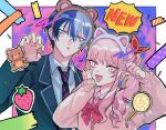  1boy 1other akiyama_mizuki androgynous animal_ears aoyagi_touya bear_ears blazer blue_eyes blue_hair bow bowtie candy cardigan cat_ears claw_pose collared_shirt commentary_request dark_blue_hair diagonal-striped_bow diagonal-striped_bowtie diagonal-striped_necktie diagonal_stripes fake_animal_ears food fruit hachio_(80hch0) hair_between_eyes hand_up hands_up highres jacket kamiyama_high_school_uniform_(project_sekai) lapels lollipop long_hair long_sleeves looking_at_viewer multicolored_hair necktie notched_lapels open_mouth paw_pose pink_cardigan pink_eyes pink_hair project_sekai red_bow red_bowtie school_uniform shirt short_hair side_ponytail sidelocks split-color_hair strawberry striped stuffed_animal stuffed_toy teddy_bear two-tone_hair upper_body 