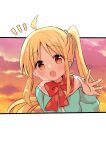  1girl ahoge blonde_hair blue_jacket blush bocchi_the_rock! bow bowtie choppy_bangs cloud cloudy_sky commentary head_out_of_frame highres ijichi_nijika jacket long_hair long_sleeves looking_at_viewer nanami_ayane_(kusunoki5050) open_mouth orange_sky out_of_frame polka_dot polka_dot_bow polka_dot_bowtie red_bow red_bowtie red_eyes sailor_collar side_ponytail sidelocks simple_background sky smile solo sunset upper_body waving white_background white_sailor_collar 