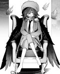  akimaki_yuu barefoot bird chain chair commission corruption crossed_legs crow cuffs dark_persona evil_smile fire flame foul_detective_satori greyscale handcuffs hat highres holding holding_handcuffs jacket looking_to_the_side lucyferpancakes miyadeguchi_mizuchi monochrome necktie pants possessed shameimaru_aya sitting smile touhou wings 