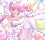  1girl :d animal_ears armpits balloon bow breasts cleavage commentary_request confetti dress elbow_gloves feet_out_of_frame fishnet_pantyhose fishnets frilled_dress frills gloves heart heart_balloon highres knee_up leg_up looking_at_viewer medium_breasts original pantyhose pink_bow pink_hair rabbit_ears red_eyes smile solo strapless strapless_dress thighhighs thighhighs_over_pantyhose tiara twintails white_dress white_gloves white_thighhighs yuyuko_(yuyucocco) 