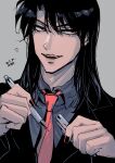  1boy absurdres black_hair collared_shirt dated fingernails formal grey_background grey_shirt hair_between_eyes highres holding holding_pen ichijou_seiya kaiji limited_palette long_hair long_sleeves looking_at_viewer male_focus medium_bangs necktie open_mouth pen red_eyes red_necktie shirt simple_background smile solo suit unknown03162 upper_body 