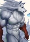  2023 abs absurd_res anthro arm_tuft big_muscles blue_body blue_fur campfire_cooking_in_another_world_with_my_absurd_skill canid canine canis earthist featureless_crotch fel_(fenrir) fluffy fluffy_chest fluffy_fur forearm_tuft forearms fur gloves_(marking) green_eyes hi_res male mammal markings muscular muscular_anthro muscular_male red_body red_fur serratus solo tuft white_body white_fur wolf 