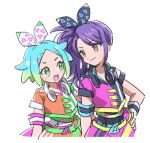  2girls :d blue_hair bow closed_mouth cropped_jacket cropped_legs eye_contact fang gradient_hair green_eyes green_hair hair_bow hairband hand_on_own_hip headphones headphones_around_neck idol_clothes idol_time_pripara long_hair looking_at_another multicolored_hair multiple_girls nijiiro_nino open_mouth pretty_(series) pripara purple_hair rituyama1 short_hair short_sleeves side_ponytail simple_background smile standing suspenders toudou_shion white_background white_hairband yellow_eyes 