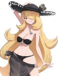  1girl alternate_costume bikini black_bikini black_eyes black_headwear black_sarong blonde_hair blush breasts cleavage commentary_request cynthia_(pokemon) gonzarez grin hair_over_one_eye hat highres jewelry large_breasts long_hair looking_at_viewer navel necklace one_eye_covered pokemon pokemon_(game) pokemon_dppt sarong see-through see-through_sarong simple_background smile solo stomach sun_hat swimsuit very_long_hair white_background 