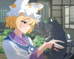  1girl black_cat blonde_hair blurry blurry_background cat chen chen_(cat) closed_eyes closed_mouth ear_piercing green_headwear hat highres long_sleeves looking_at_another mob_cap multiple_tails nekomata piercing short_hair tabard tail tasuku_(tusktouhou4) touhou two_tails upper_body white_headwear yakumo_ran yellow_eyes 