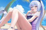  1girl absurdres ass bare_legs bare_shoulders black_one-piece_swimsuit blue_archive blush cellphone closed_mouth day frilled_one-piece_swimsuit frills grey_hair highres holding holding_phone long_hair miyako_(blue_archive) miyako_(swimsuit)_(blue_archive) off-shoulder_one-piece_swimsuit off_shoulder official_alternate_costume one-piece_swimsuit outdoors phone ponytail purple_eyes smartphone sokosuwarin solo swimsuit 