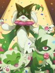  :d commentary_request confetti evolutionary_line fangs floragato highres meowscarada min_(myna8247) open_mouth pokemon pokemon_(creature) signature smile spotlight sprigatito tongue 