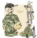  1girl abs animal_ears arms_behind_back beret blonde_hair boots crate dumbbell endjfcar exercise furry furry_female hat helmet looking_at_viewer military_uniform missile original shoes sitting smile sneakers soldier solo tail toned uniform 