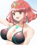  1girl :d adapted_costume alternate_costume bikini black_bikini breasts chest_jewel cleavage core_crystal_(xenoblade) highres kanuici336 large_breasts pyra_(xenoblade) red_eyes red_hair short_hair smile solo swept_bangs swimsuit tiara two-tone_swimsuit xenoblade_chronicles_(series) xenoblade_chronicles_2 