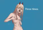  absurd_res areola blonde_hair blue_background breasts chainsaw_man covering covering_breasts dialogue enzea female hair hi_res horn horned_humanoid humanoid long_hair navel not_furry nude open_mouth pink_areola power_(chainsaw_man) pupils red_horn sharp_teeth simple_background small_breasts solo tan_body tan_skin teeth text unusual_pupils wide_hips yellow_eyes 