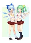  2girls bikini blue_eyes blue_hair checkered_clothes checkered_skirt cirno commission daiyousei flat_chest green_eyes green_hair highres holding_hands micro_bikini multiple_girls navel open_mouth serin shirt simple_background skeb_commission skirt smile swimsuit tied_shirt touhou v white_shirt 