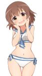  1girl :d ass_visible_through_thighs bikini blue_neckerchief blue_sailor_collar blush breasts brown_eyes brown_hair collarbone commentary_request cowboy_shot furrowed_brow hair_between_eyes hands_on_own_cheeks hands_on_own_face head_tilt highres idolmaster idolmaster_cinderella_girls kita_hinako kuwahara light_blush looking_at_viewer navel neckerchief open_mouth sailor_bikini sailor_collar sailor_swimsuit_(idolmaster) short_hair side-tie_bikini_bottom simple_background small_breasts smile solo swimsuit thigh_gap wavy_mouth white_background white_bikini white_swimsuit 