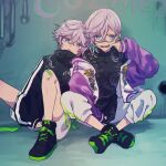  2boys bandaid bandaid_on_knee bandaid_on_leg black_jacket brothers closed_mouth colored_inner_hair green_hair jacket leaning_on_person light_purple_hair looking_at_viewer male_focus medium_hair multicolored_clothes multicolored_hair multicolored_jacket multiple_boys paradox_live purple_background purple_eyes purple_jacket shirota69 short_hair shorts siblings smile teeth twins white_shorts yatonokami_kanata yatonokami_nayuta 