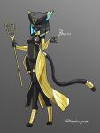  1girl animal_ears anklet bastet_(mythology) black_hair black_skin blue_eyes blue_hair breasts cat_ears cat_girl cat_tail colored_eyelashes colored_inner_hair colored_skin digitigrade egyptian elbow_gloves furry furry_female gloves gold_trim grey_background highres jewelry medium_breasts multicolored_hair nail_polish one_eye_closed original sistrum solo tabard tail tail_ornament tail_ring thighlet toipokun_oyashi two-tone_hair usekh_collar 
