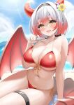  1girl absurdres beach bikini bikini_pull blush breasts character_request cleavage clothes_pull collarbone dragon_girl dragon_horns dragon_tail dragon_wings elegant_(sumisumi4268) fang flower front-tie_bikini_top front-tie_top gradient_hair grey_hair hair_flower hair_intakes hair_ornament hairband highres horns large_breasts looking_at_viewer multicolored_hair navel open_mouth original pince-nez red_bikini red_hair short_hair side-tie_bikini_bottom sitting sky solo swimsuit tail thick_eyebrows thigh_strap virtual_youtuber wings yellow_eyes 