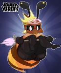  2023 absurd_res anthro anus arthropod bee beetrice_(tower_heroes) big_breasts big_butt black_body black_eyes black_skin breasts brown_body brown_skin butt crown female gold_(metal) gold_jewelry headgear hendersimp hi_res holding_object huge_butt humanoid hymenopteran insect jewelry legs_up looking_at_viewer presenting presenting_anus puffy_anus pupils queen queen_bee roblox royalty simple_background smug solo staff tail tower_heroes white_pupils yellow_body yellow_skin 