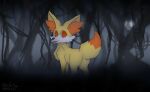  blep canid canine dark dark_forest fennekin feral forest fox fur generation_6_pokemon hi_res inner_ear_fluff lilya_nida mammal night nintendo plant pokemon pokemon_(species) quadruped red_body red_ears red_eyes red_fur red_tail signature solo tail tongue tongue_out tree tuft white_body white_fur yellow_body yellow_ears yellow_fur yellow_tail 