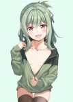  1boy :3 absurdres androgynous black_thighhighs blush collarbone green_background green_jacket grey_hair highres jacket jacket_pull long_hair looking_at_viewer male_focus nipple_slip nipples open_clothes open_jacket open_mouth otoko_no_ko otori-tan partially_unzipped pulled_by_self red_eyes sayuuiede seitokai_nimo_anawa_aru! simple_background solo thighhighs unzipping zettai_ryouiki 