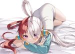  1girl arm_rest bed_sheet behind-the-head_headphones blush closed_mouth dress eyes_visible_through_hair full_body hair_over_one_eye hair_rings head_rest headphones highres ia_1928 long_hair looking_at_viewer low_twintails lying multicolored_hair on_stomach one_piece one_piece_film:_red purple_eyes red_hair short_dress single_sleeve solo split-color_hair thighs twintails uta_(one_piece) v very_long_hair white_dress white_hair 