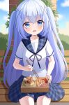  1girl azel_(laevateinn495) bench bento blue_eyes blue_hair blue_skirt blush chopsticks collarbone gochuumon_wa_usagi_desu_ka? hair_ornament highres holding holding_chopsticks kafuu_chino light_blue_hair long_hair open_mouth plaid plaid_skirt short_sleeves sitting skirt smile solo two_side_up x_hair_ornament 