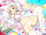  1girl beach blue_flower blush bow breasts bridal_lingerie bridal_veil bride brown_hair cleavage collarbone daisy elbow_gloves falling_petals flower gloves grey_eyes hair_ornament high_heels highres ibuki_(senran_kagura) lace large_breasts leaf lingerie long_hair looking_at_viewer low_twintails lying navel ocean official_alternate_costume official_art on_back open_mouth panties petals pillow pink_flower red_flower sand senran_kagura senran_kagura_new_link senran_kagura_new_wave shore smile solo twintails underwear veil yaegashi_nan 