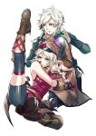  1boy 1girl absurdres bike_shorts boots braid brother_and_sister clanne_(fire_emblem) closed_mouth fire_emblem fire_emblem_engage framme_(fire_emblem) gloves hat hat_ribbon high_kick highres kicking long_hair looking_to_the_side ribbon scarf short_hair siblings sleeveless thighhighs umi_(_oneinchswing) white_background white_hair yellow_eyes 