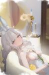  +_+ 1girl absurdres animal_ears azur_lane between_breasts blue_eyes blurry blurry_background blush bow braid breasts bug butterfly candle candlestand choker dingding_(chongsangjun) fake_animal_ears grin hair_bow highres le_malin_(azur_lane) le_malin_(listless_lapin)_(azur_lane) leotard looking_at_viewer low_twin_braids manjuu_(azur_lane) medium_breasts narrowed_eyes nontraditional_playboy_bunny o-ring o-ring_choker rabbit_ears reclining smile solo teeth twin_braids upper_body white_bow white_choker white_hair white_leotard wrist_cuffs 