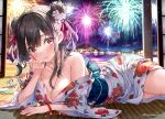  1girl aerial_fireworks bare_shoulders black_hair blurry blurry_background blush breasts cleavage closed_mouth collarbone commentary_request depth_of_field double_bun fireworks floral_print flower fujima_takuya hair_between_eyes hair_bun hair_flower hair_ornament japanese_clothes kimono long_hair long_sleeves looking_at_viewer lying medium_breasts night night_sky obi off_shoulder on_stomach original print_kimono red_eyes sash sky solo twitter_username water white_flower white_kimono wide_sleeves yukata 