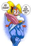  absurd_res activision anthro areola balls balls_outline bandicoot big_balls big_breasts big_penis blonde_hair breasts clothing coco_bandicoot crash_bandicoot_(series) crossgender english_text erection exclamation_point ftg_crossgender fti_crossgender genital_outline genitals goudadunn green_eyes gynomorph hair hi_res huge_balls huge_penis hyper hyper_balls hyper_genitalia hyper_penis intersex looking_at_viewer mammal marsupial multicolored_body overalls penis pink_areola shirt solo speech_bubble text topwear two_tone_body 