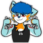  anthro black_clothing black_shirt black_topwear blue_hair clothing dog_tags falcon_woodwere fur hair holding_object looking_at_viewer loud_queen male multicolored_body multicolored_fur one_ear_up red_eyes shirt smile smiling_at_viewer smirk smirking_at_viewer solo topwear 