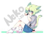  1boy animal_ears bandaid bandaid_on_face bandaid_on_knee bandaid_on_leg black_wristband blue_shorts cat_boy cat_ears cat_tail character_name earrings from_side green_hair grey_shirt highres instanttnoodle jewelry kemonomimi_mode licking licking_hand light_blush lio_fotia looking_at_viewer male_focus otoko_no_ko paw_socks promare purple_eyes shirt short_hair shorts simple_background single_earring sitting solo tail tongue tongue_out triangle_earrings white_background 