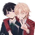  2boys arm_around_shoulder black_hair blonde_hair chxoswolf closed_eyes genderswap genderswap_(ftm) grin inoue_takina lycoris_recoil lycoris_uniform male_focus multiple_boys nishikigi_chisato purple_eyes short_hair signature simple_background smile upper_body v white_background 