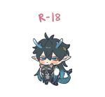  1boy animal antenna_hair aqua_eyes aqua_hair aqua_horns aqua_tail black_hair blush chibi dan_heng_(honkai:_star_rail) dan_heng_(imbibitor_lunae)_(honkai:_star_rail) full_body gajyago gradient_hair hair_between_eyes holding holding_animal honkai:_star_rail honkai_(series) long_hair male_focus multicolored_hair no_nose pointy_ears raccoon red_eyeliner simple_background solo standing transparent_horns very_long_hair white_background 