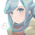  1boy :t absurdres blue_eyes blue_hair blush closed_mouth commentary ear_blush grusha_(pokemon) highres long_hair looking_at_viewer male_focus mame_(pixiv_57985908) otoko_no_ko pokemon pokemon_(game) pokemon_sv portrait pout sidelocks simple_background solo speech_bubble sweat swept_bangs translated two-tone_scarf 