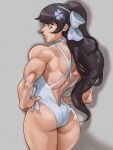  1girl ass backless_leotard black_hair cowboy_shot dlusional flower hair_flower hair_ornament hand_on_own_hip highres leotard long_hair looking_to_the_side median_furrow muscular muscular_female open_mouth orange_eyes original ponytail solo 