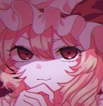  1girl blonde_hair chromatic_aberration close-up closed_mouth flandre_scarlet hair_between_eyes hand_on_own_chin hat hat_ribbon light_smile limited_palette looking_at_viewer mob_cap one-hour_drawing_challenge red_ribbon ribbon solo touhou white_headwear zabu_rou 