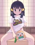  0_0 1girl akari_(pokemon) black_hair blush bottomless breath bright_pupils closed_mouth commentary_request cucumber eyelashes grey_eyes hair_ornament hairclip highres knees kutabireta_neko long_hair looking_down pokemon pokemon_(creature) pokemon_(game) pokemon_legends:_arceus print_shirt rowlet shirt short_sleeves sidelocks sitting spread_legs sweat t-shirt white_shirt 